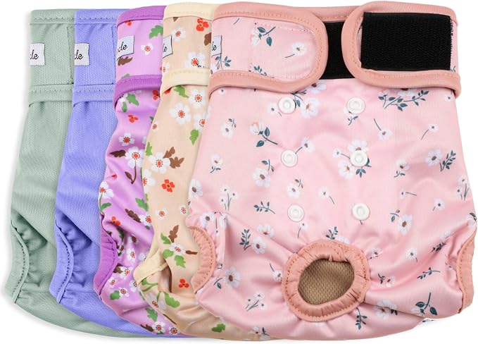 Female Dog Diapers 5Pcs - Premium Reusable Diapers for Doggie in Heat - Highly Absorbent Dog Diapers Female for Pet Incontinence with Adjustable Snaps, Flowers, XXL