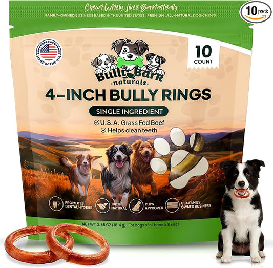 Odor Free 4” Bully Stick Rings for Dogs - 10 Count - 100% Natural Grass-Fed Beef Pizzle Rings, High Protein, Fully Digestible Rawhide-Free Thick Chews, Long Lasting Bully Rings