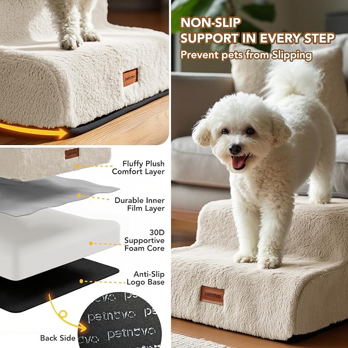 PETNOVO Ultra-Soft Faux Fur Dog Stairs for Bed and Couch, 3-Step Dog Steps for Small Dogs, Non-Slip Foam Pet Stairs, Washable Cover, 15.7" D x 22.4" W x 15.7" H, Off-White