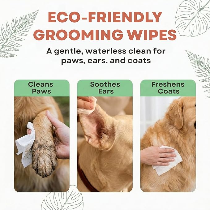 Eco Wave Hypoallergenic Plant-Based Pet Wipes, Dog and Cat Grooming Wipes for Face, Ears, Body, Butt, and Paws, Fragrance Free, Compostable, 100 Count