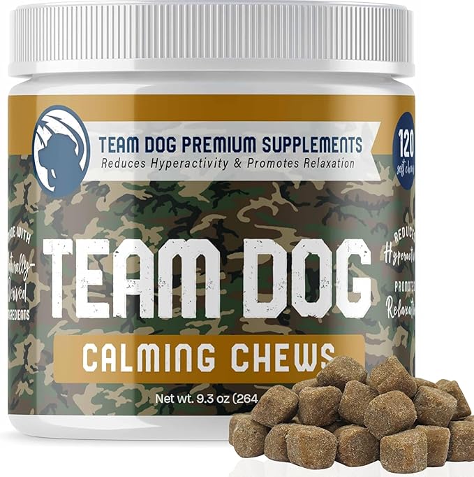TEAM DOG Calming Chews - Anxiety Relief Treats | Natural Calming Bites with Melatonin, Chamomile, Valerian & Passion Flower | 120 Soft Chews for Large & Small Dogs | Delicious Peanut Butter Flavor