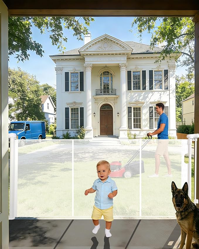 80" Wide Retractable Baby Gate for Stairs, 42" Extra Tall Retractable Dog Pet Gate with Support Rods, Mesh Screen Child Safety Gate for Doorways Hallways Deck Porch, Outdoor Indoor Use