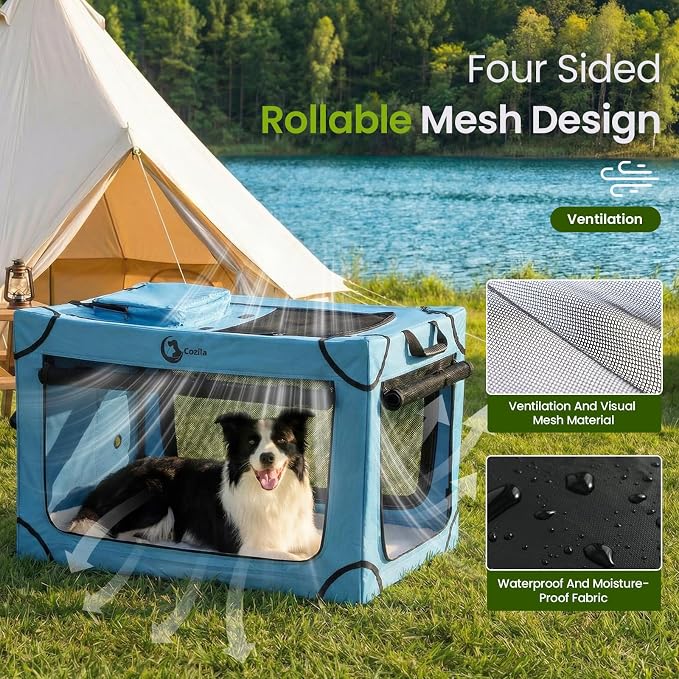 Portable Collapsible Dog Crate for Medium Dogs, 4 Mesh Doors & 2 Storage Bags, Indoor Outdoor Travel Dog Kennel, Blue, 30" x 21" x 21"