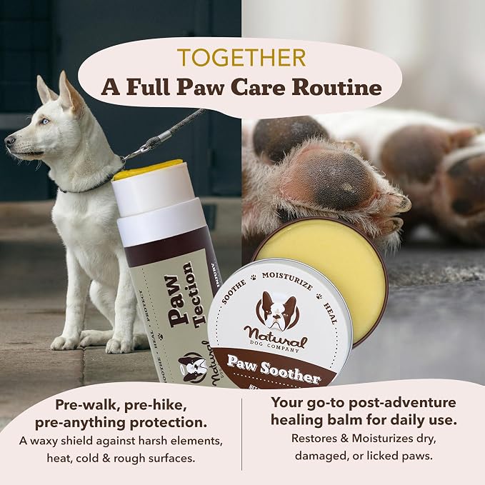 Natural Dog Company Paw Soother Balm & PawTection Stick Bundle for Dogs – Moisturizes, Heals & Protects Dry, Cracked Paws – Lick-Safe Dog Paw Balm Duo – 2 oz Tin + 0.15 oz Stick