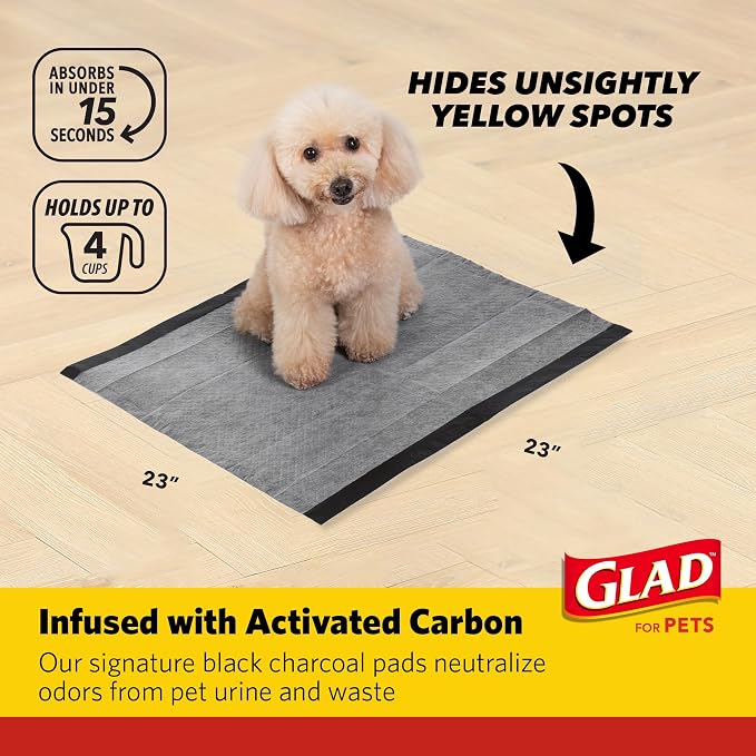 Glad for Pets Black Charcoal Puppy Pads, 23 x 23 Inch, 6-Layer Leak-Resistant Design, Activated Carbon Odor Control, Pheromone Attractant for Potty Training, 14 Count - 2 Pack