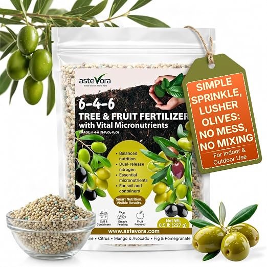 Olive Tree Fertilizer – Fruit Tree Fertilizer for Olive Tree, Citrus, Lemon, Lime, Fig, Avocado, Mango, Apple & Pomegranate – for Potted & Outdoor Trees (8 oz - 1/2 lbs.)