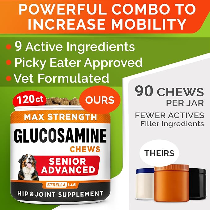 Senior Advanced Glucosamine Chondroitin Joint Supplement for Dogs - Hip & Joint Pain Relief Pills - Large & Small Breed - Hip Joint Chews Canine Joint Health - Dogs&Horses - Bacon Flavor-120Ct