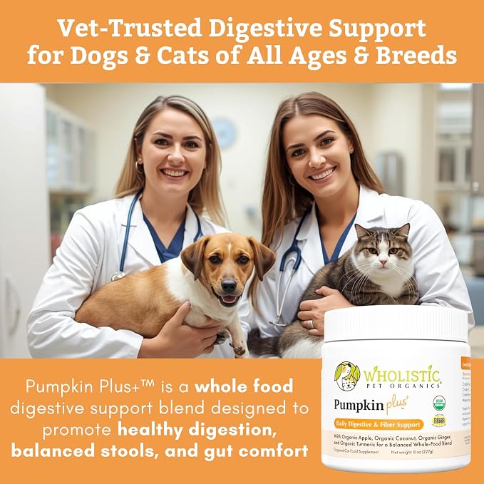 Wholistic Pet Organics Pumpkin Powder for Cats & Dogs - Fiber Supplement Helps with Digestion, Nutrient Absorption, Diarrhea, Constipation - Organic Pumpkin for Dogs & Cats - Puree Food Topper - 8 oz