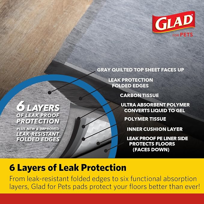Glad for Pets XL Charcoal Training Pads Heavy Duty Leak Resistant Puppy Pee Pads Activated Carbon Odor Control Quick Dry Quilted Top Indoor Potty and Crate Liner 24 x 24 in 100 Count 4 Pack