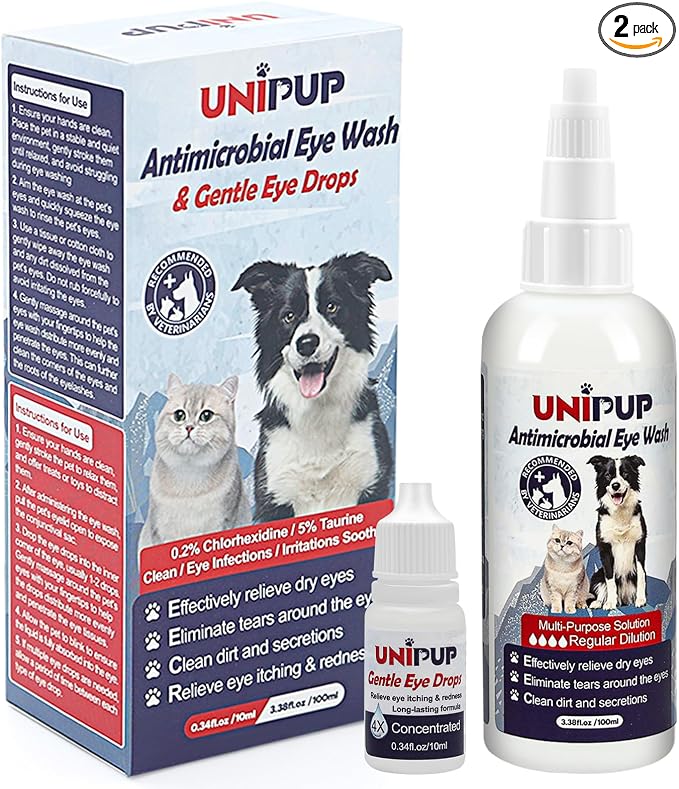 Dog Eye Wash 3.38 fl. oz and Eye Drops 0.34 fl. oz Set for Dogs and Cats to Flush and Soothe Eye Irritations, Dog Tear Stain Cleaner, for Allergies, Mucus, Irritation and Weepy Eyes