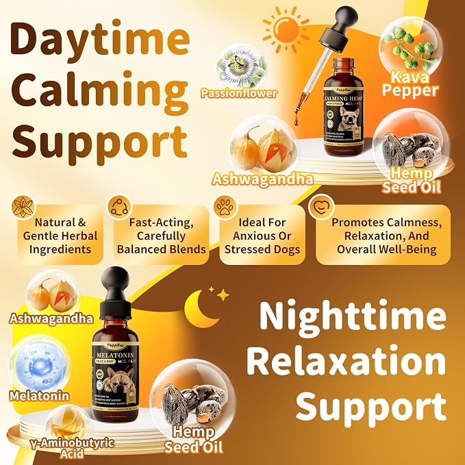 Dog Calming & Melatonin Drops, Day & Night Calm Support Set, Anxiety & Stress Support Calming Treat, Enhance Calmness & Sleep for Separation, Travel, Fireworks & Thunder, Chicken Flavor, 2 FL.Oz