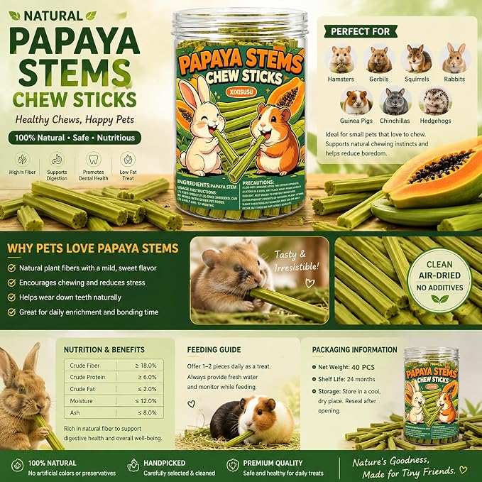 40pcs Natural Papaya Stems Chew Toys, Small Pet Molar Sticks for Rabbits, Hamsters, Chinchillas, Guinea Pigs, Squirrels & Hedgehogs