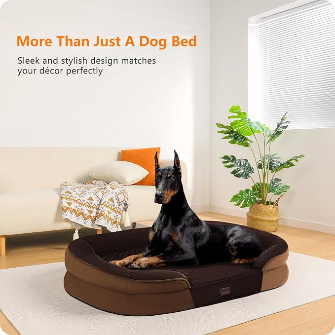 Dwanton Orthopedic Dog Bed for Extra Extra Large Dogs with Gel Memory Foam, Waterproof Dog Sofa, Washable Pet Bed with Four Sided Bolster Cushion, Removable Cover & Non-Slip Bottom, 48", Brown