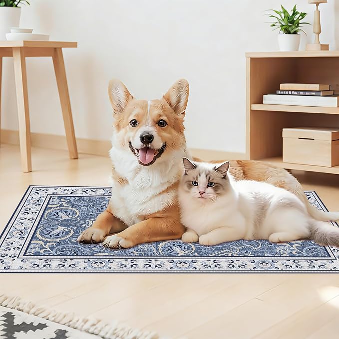 Blue Floral Pet Feeding Mat, Absorbent Dog/Cat Food Mat for Food and Water Bowl, Non-Slip Quick Dry Pet Placemat Floor Protector for Messy Drinkers(17 x 30 in)