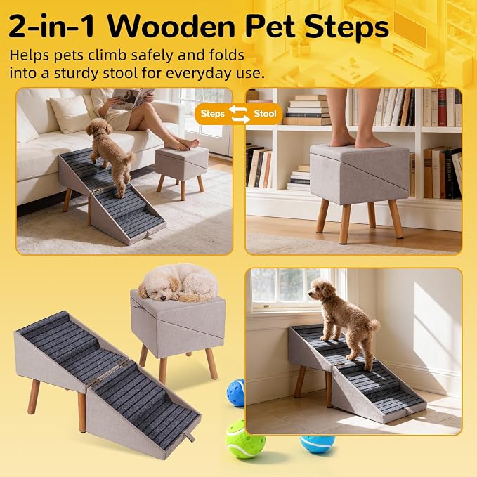 Dog ramp for Small Dogs, 2-in-1 Pet Steps & Ottoman - Foldable Dog ramp for Couch, Non-Slip Wooden Pet ramp for Puppy Senior Injured Dogs (Light Brown, XL(17.13H))