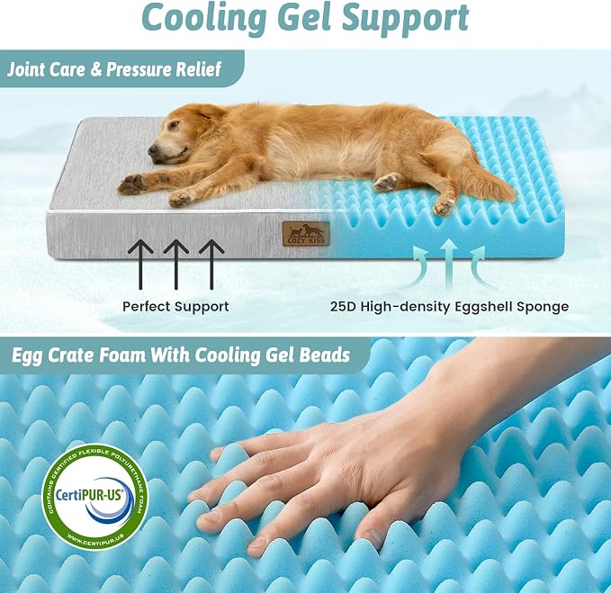 COZY KISS Cooling Orthopedic Dog Bed, Waterproof Egg Crate Foam Pet Bed with Removable Washable Cover, 36x27x3 Inch,Silver Grey