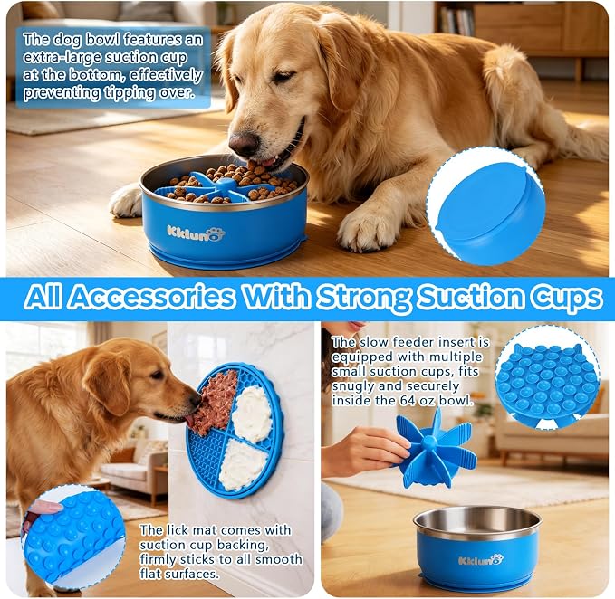 Slow Feeder Insert Dog Bowl 3-in-1 with Lick Mat - 64oz Stainless Steel Food Water Bowl, Non-Slip Suction Cup Base, Dishwasher Safe Puzzle Maze Insert for Dogs Cats All Breeds, Blue