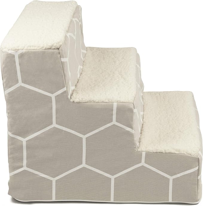 Majestic Pet 3 Step Portable Dog Stairs for Small Dogs to get on Bed Supports 25 lbs or Less – Dog Steps for High Bed with Machine Washable Cover – Pet Stairs for Cats Hexo Shapes Gray