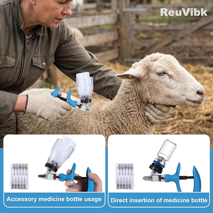 5ML Livestock Syringe Gun, Automatic Self Refill Injection Gun Continuous Adjustable Bottle Attachment Livestock Animal Syringe with 10 Needles, for Chicken, Duck, Pig, Sheep, Cow Poultry (Blue)