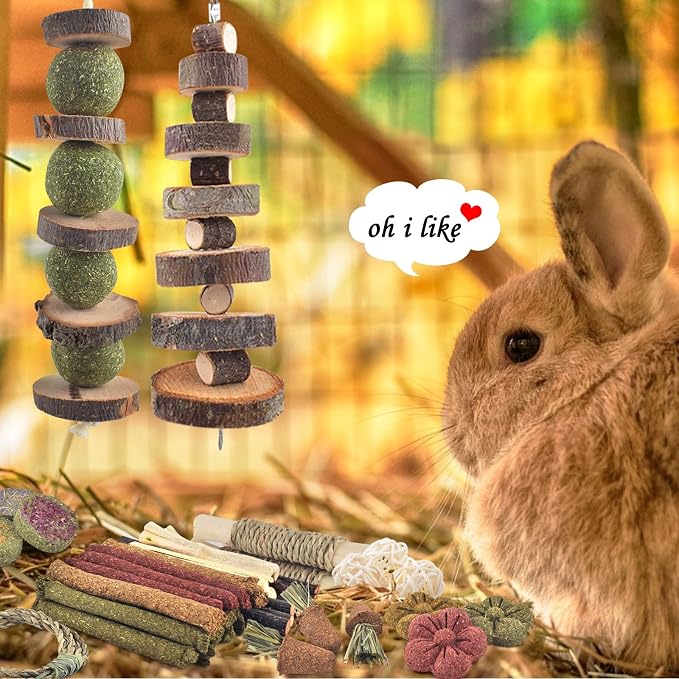 ERKOON 70PCS Rabbit Chew Toys, Natural Timothy Grass Cakes Guinea Pig Toys, Small Animal Teeth Grinding Treats for Bunny Hamster Chinchilla, Safe Dental Care Snacks
