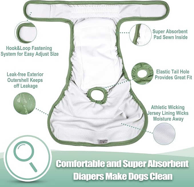 wegreeco Female Dog Diapers, Washable Reusable Pet Puppy Doggie Diapers for Small Medium Large Female Dogs in Heat Period, Doggy Period Panties, 5 Pack, X-Large, Blue Green