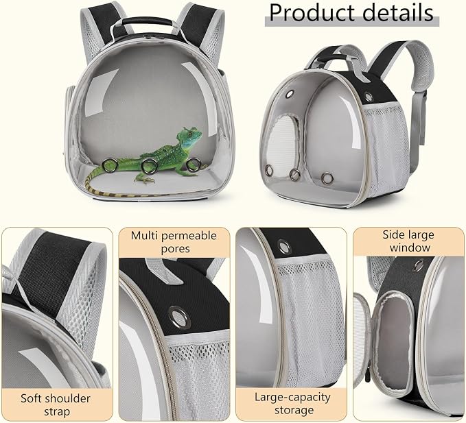 Bearded Dragon Carrier Backpack with Mommy Harness Set, Reptile Lizard Travel Carrier (Black, Mommy Harness)