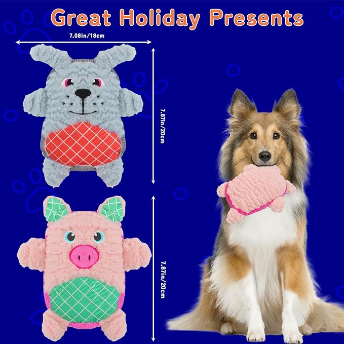 Crinkle Dog Toys Squeaky Plush No Stuffing Cute Puppy Stuffless Tough Rop Pull Toy, Fun Dog Stuffed Animals Durable Chew Set for Small Medium Large Pup (Large, Pink Pig+Blue Dog)
