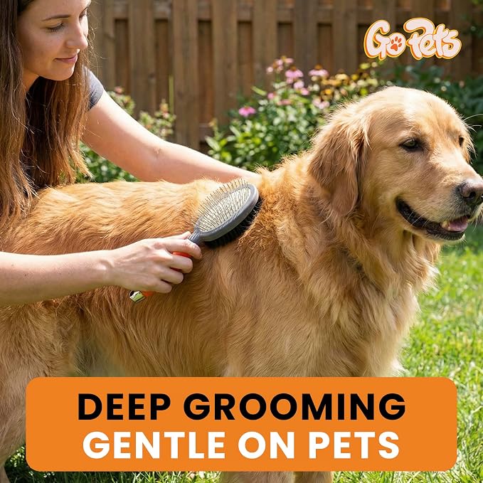 GoPets Double-Sided Pin & Bristle Brush – Grooming Tool for Dogs & Cats for Detangling, Shedding Control, Slicker Brush for Long-Haired Pets, Fur Removal for Healthy Coat, Ergonomic Handle