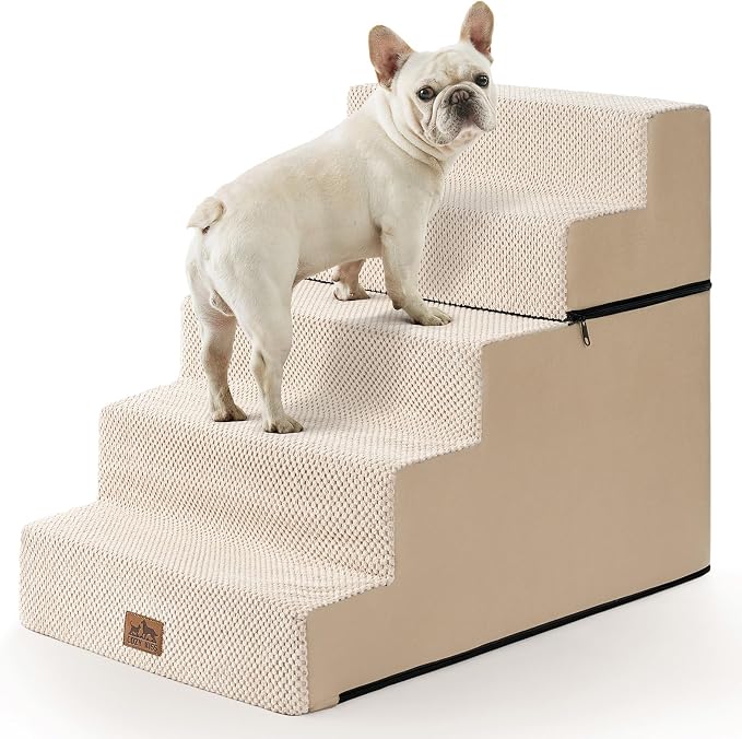 COZY KISS Dog Stairs for Small Dogs, 5 Tier Removable Wider Pet Stairs for Couch and Bed, 23.6" H Non-Slip Dog Steps for Puppies and Old Cats with Support Board, 19.7x29.5x23.6 inch, Beige