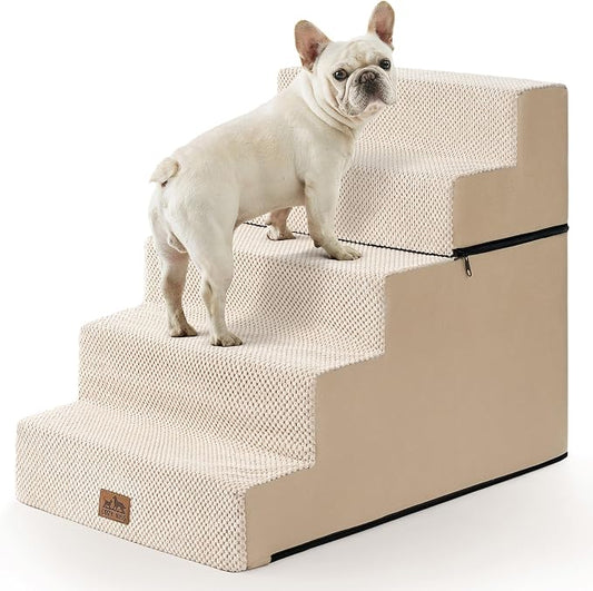 COZY KISS Dog Stairs for Small Dogs, 5 Tier Removable Wider Pet Stairs for Couch and Bed, 23.6" H Non-Slip Dog Steps for Puppies and Old Cats with Support Board, 19.7x29.5x23.6 inch, Beige