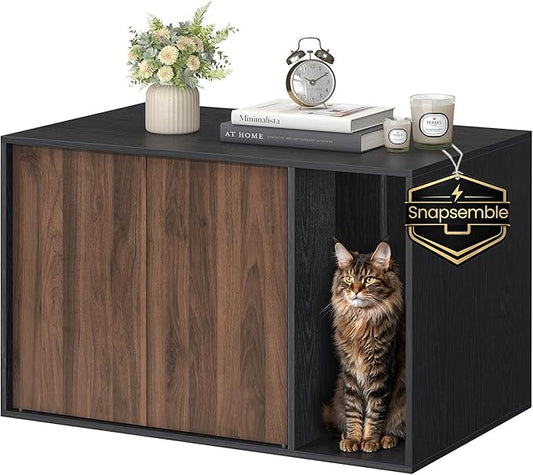 SONGMICS HOME Cat Litter Box Enclosure, Snapsemble Superfast Assembly, Litter Box Furniture for Large Cats, Display Side Table, Push-to-Open Doors, Ebony Black and Somber Walnut UPCL013BE01S