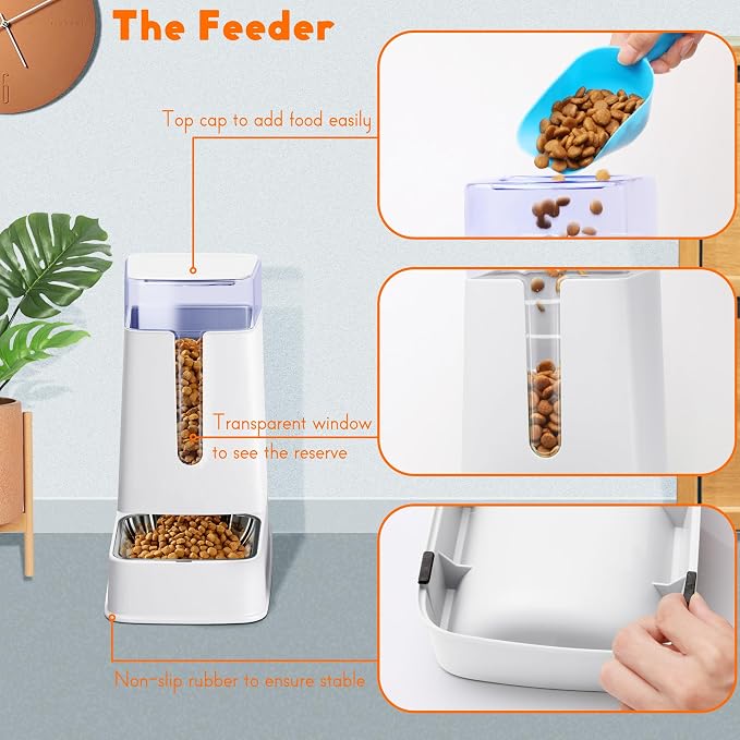 Cat Food Dispenser and Cat Water Dispenser Set with Stainless Steel Bowls Gravity Dog Feeder for Small Medium Big Cat Dog Pet Puppy Kitten, 1 Gallon x 2