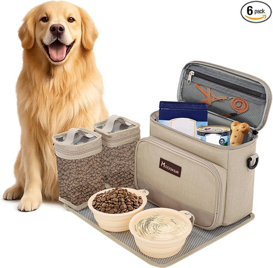 Modoker Dog Travel Bag Organizer for Supplies with 2 Food Containers, 2 Collapsible Bowls & Feeding Mat, Airline Approved Dog Travel Accessories Duffel Bag for Weekend Trips, Camping & Beach, Beige