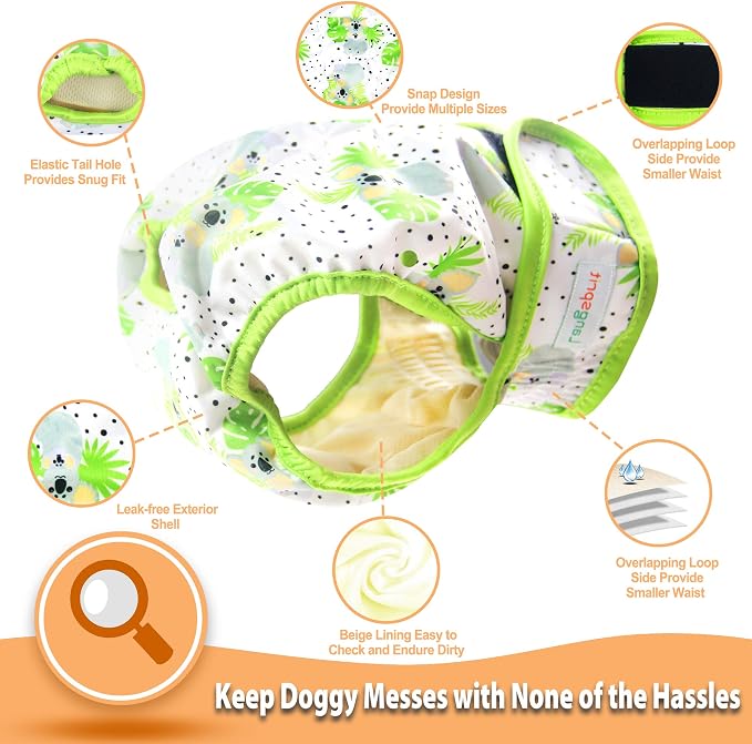 Langsprit Washable Female Dog Diapers (3 Pack) - No Leak Reusable Diapers for Doggy Female in Period - Highly Absorbent Dog Heat Panties with Adjustable Snaps (Koala, X-Large)