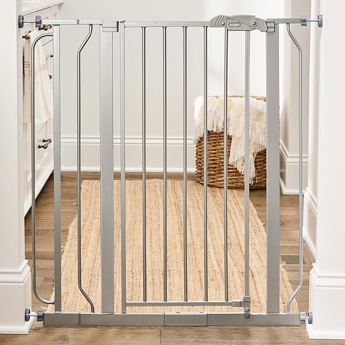 Regalo Safety 36” Extra Tall Baby Gate for Doorways & Bottom of Stairs, Pressure Mounted Baby Gate with Door for Babies, Toddlers & Pets, Tested & Safe, American Designed and Owned, Platinum