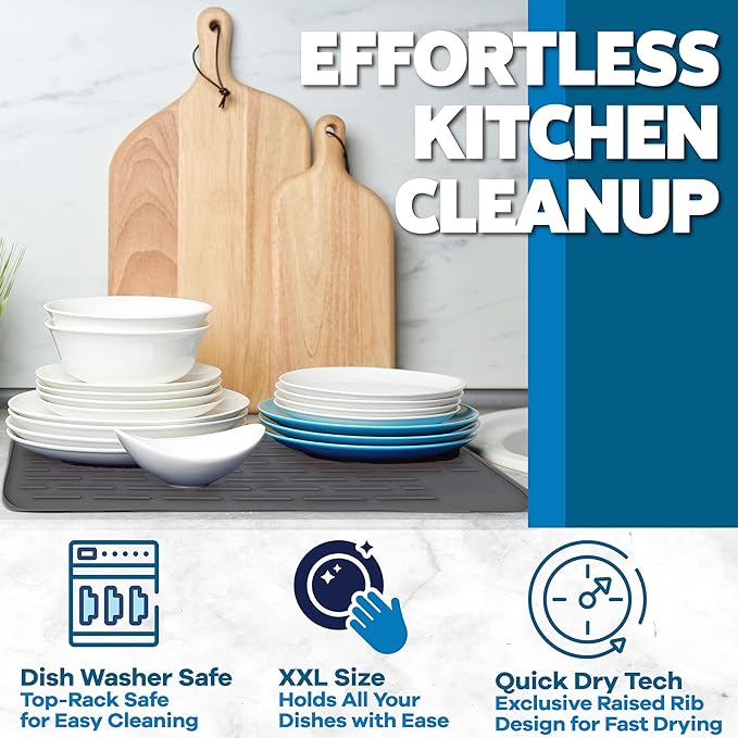XXL Silicone Dish Drying Mat for Kitchen Counter or Under Sink, 24" x 18" Extra Large, Waterproof Pet Feeding Mat, Water Bowls, Under Drying Racks for Dishes, Coffee Bars, Bar Mats (Slate Grey)