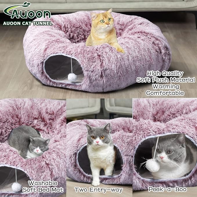 AUOON Cat Tunnel Bed for Indoor Cats - Large Cat Donut Tunnel with Hanging Ball Toy, Collapsible 2-in-1 Multifunctional Interactive Cat Toy for Kitten, Puppy, Rabbit, Ferret (Rosiness)