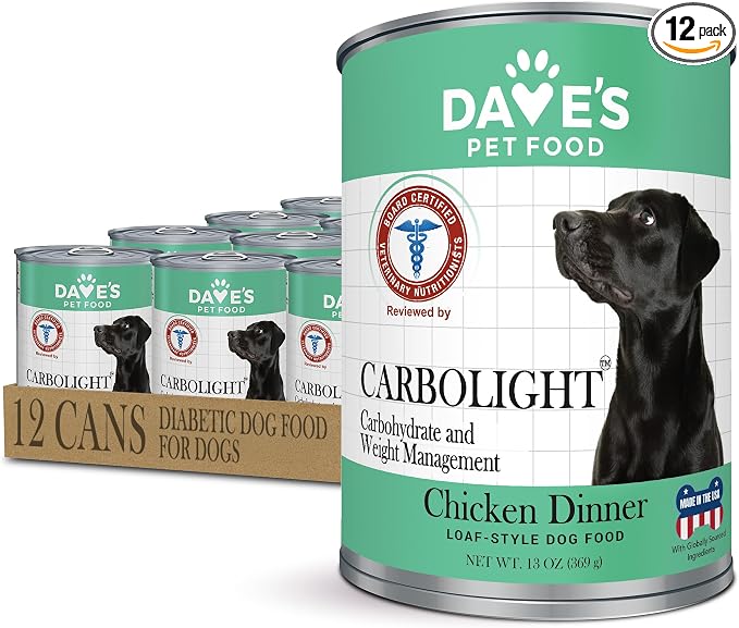 Dave's Pet Food Carbolight Carbohydrate & Weight Management for Diabetic Dogs Canned Dog Food, Chicken Dinner, 13oz can (12 Pack)
