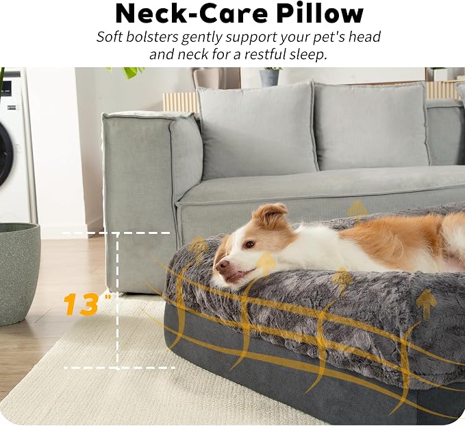 Memory Foam Dog Bed, Extra Large Orthopedic Dog Sofa with Sides and Waterproof Liner, Washable Bolster Pet Bed Couch with Removable Cover, Jumbo Plus | 60 inch, Dark Gray