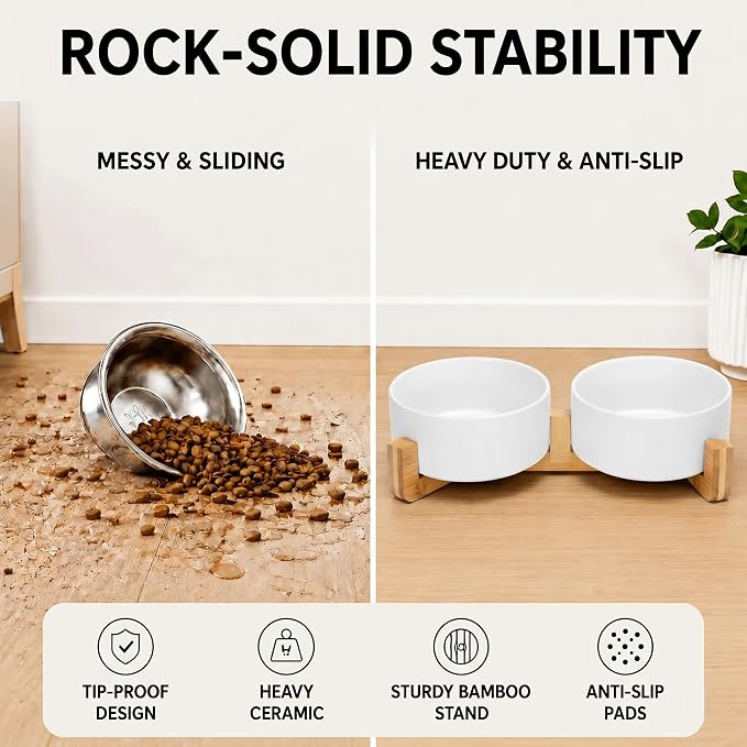 SPUNKYJUNKY Ceramic Dog and Cat Bowl with Wood Stand Non-Slip Matte Glaze Weighted Food Water Set for Cat Medium Dog 28.7 OZ