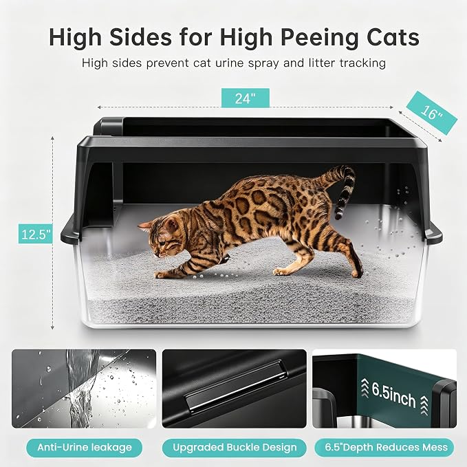 WoofiGo Stainless Steel Cat Litter Box with Lid, XL Extra Large Metal Kitty Litter Box Enclosed for Big Cats, High Sided, Anti-Urine Leakage, Non-Stick Bottom, Include Litter Mat & Metal Scoop (Black)