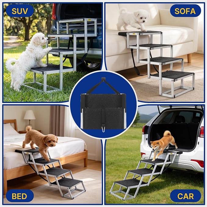 Foldable Dog Ramp for Car - Lightweight Aluminum Dog Stairs for Large Dogs, 5-Step Dogs Ladder for SUV/Truck/Indoor Bed and Sofas, Portable Pet Steps with 154 lbs Capacity