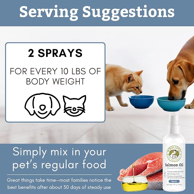 Wholistic Pet Organics Wild Alaskan Salmon Oil for Dogs and Cats - Omega 3 Fish Oil for Dogs & Cats - Cat & Dog Skin and Coat Supplement for Heart, Joints - DHA, EPA Omega 3 Liquid Food Topper - 4 oz