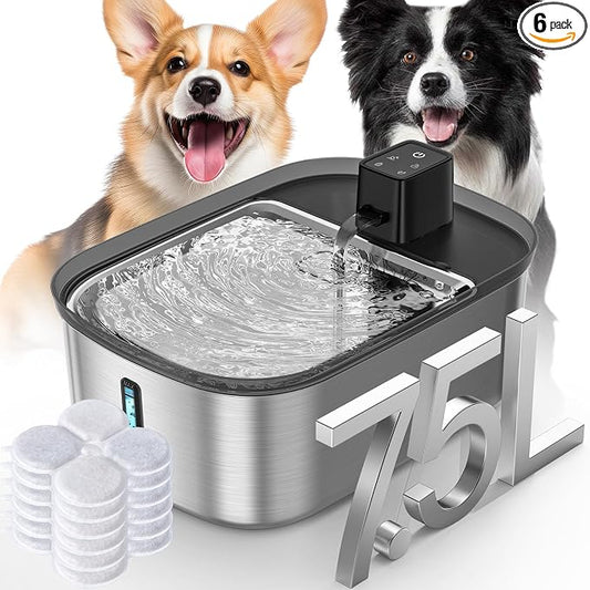 Wireless 7.5l/254oz/2Gal Dog Water Fountain for Large Dogs Stainless Steel, Quiet Pet & Cat Water Fountain with Motion Sensor, Automatic Water Dispenser for Dogs with 6psc Filters