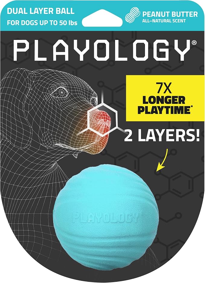 Playology Dog Toys | Dual Layer Ball Durable Chew Toy for Tough Chewers | Peanut Butter Medium Scented Dog Toy | Chew Toys for Dogs