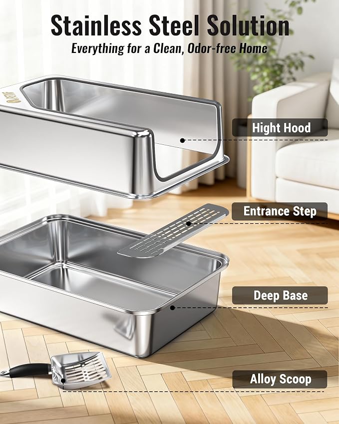 PETNF All Metal Cat Litter Box - All Stainless Steel Litter Box, Odor-Free Large Capacity with Included Litter Scoop, Leak-Proof High-Sided, Easy-to-Maintain for Big Cats & Multi-Cat Homes (2 Pack)