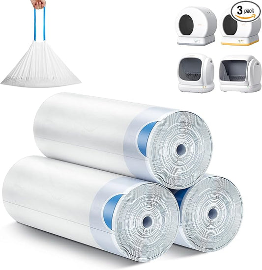MeoWant Cat Litter Box Liner - 60PCS Heavy Duty Drawstring Trash Bags for MeoWant MW-SC01/MW-SC02 Automatic Self-Cleaning Boxes, Extra Thick Leakproof, 3 Rolls (20 Bags/Roll)