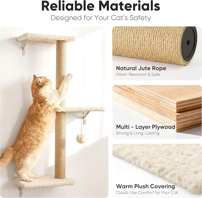 FUKUMARU Cat Wall Shelves, Stable & Safe 4 in 1 Cat Walls Furniture Set, Wooden Kitten Climbing Wall with Scratching Post for 16 Inch Drywall - Beige