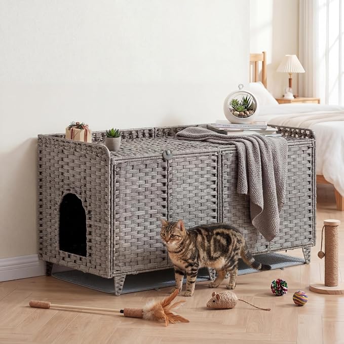 Cat Litter Box Enclosure Furniture, Handwoven Rattan Cat Houses, Hidden Cat Washroom Furniture with Door/Mat, Large Space Cat Houses with S-Shaped Hooks, Living Room, Bedroom, Gray