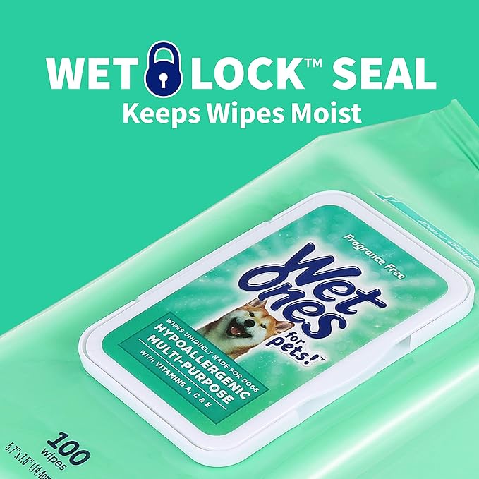 Wet Ones for Pets Hypoallergenic Multipurpose Dog Wipes with Vitamins A, C and E - Fragrance-Free Dog Grooming Wipes with Vitamins, Wet Lock Seal, 100 Count